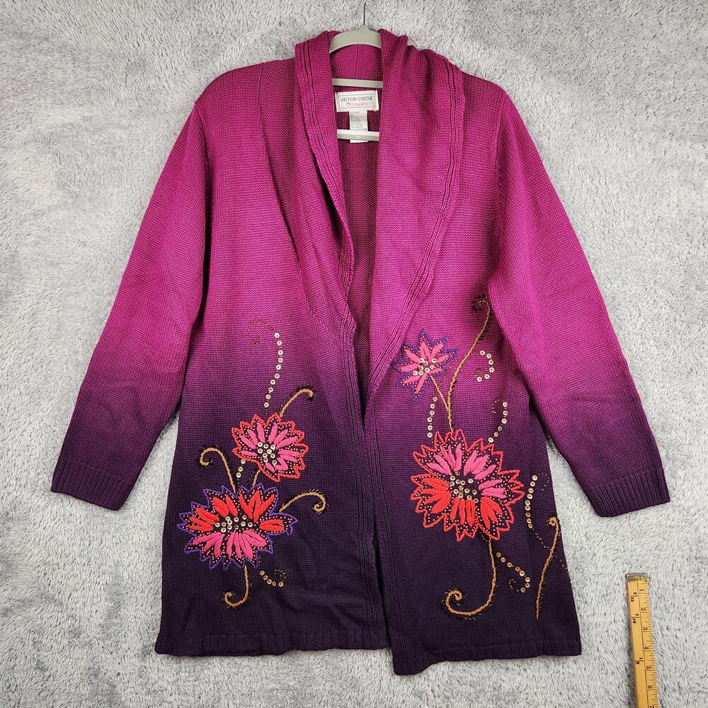 Victor Costa Cardigan Sweater Womens Medium Pink Floral Embroidered Sequin Ombre